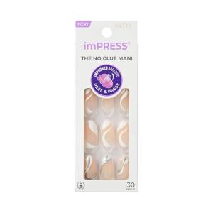 KISS imPRESS No Glue Mani Press On Nails, Design, ‘On My Mind’, White, Medium Size, Almond Shape, Includes 30 Nails, Prep Pad, Instructions Sheet, 1 Manicure Stick, 1 Mini File(Beige and White)
