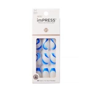 KISS imPRESS No Glue Mani Press On Nails, Design, ‘On My Mind’, White, Medium Size, Almond Shape, Includes 30 Nails, Prep Pad, Instructions Sheet, 1 Manicure Stick, 1 Mini File(Blue and White)