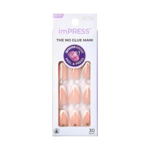 KISS imPRESS No Glue Mani Press On Nails, Design, ‘On My Mind’, White, Medium Size, Almond Shape, Includes 30 Nails, Prep Pad, Instructions Sheet, 1 Manicure Stick, 1 Mini File(French)