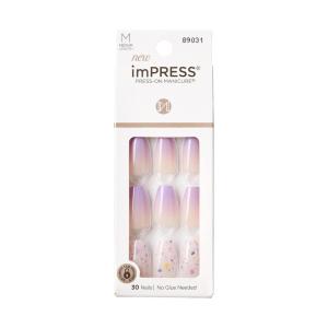 KISS imPRESS No Glue Mani Press On Nails, Design, ‘On My Mind’, White, Medium Size, Almond Shape, Includes 30 Nails, Prep Pad, Instructions Sheet, 1 Manicure Stick, 1 Mini File(Purple and White)