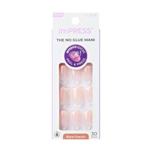 KISS imPRESS No Glue Mani Press On Nails, French, ‘Heroic’, Light Neutral + White Tip French, Short Size, Squoval Shape, Includes 30 Nails, Prep Pad, Instructions Sheet, 1 Manicure Stick, 1 Mini File(Genuine)