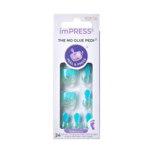 KISS imPRESS No Glue Pedi Press-On Nails, Design, ‘Last Flowers’, Medium Blue, Short Size, Squoval Shape, Includes 24 Nails, Prep Pad, Instructions Sheet, 1 Manicure Stick, 1 Mini File