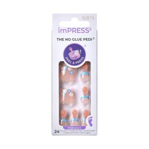 KISS imPRESS No Glue Pedi Press-On Nails, Design, ‘Paradise Ticket’, Light Beige, Short Size, Squoval Shape, Includes 24 Nails, Prep Pad, Instructions Sheet, 1 Manicure Stick, 1 Mini File