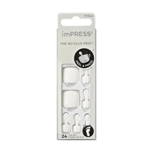 KISS imPRESS No Glue Pedi Press-On Nails, Toenails, ‘All Smiles’, White, Short Size, Squoval Shape, Includes 24 Nails, Prep Pad, Instructions Sheet, 1 Manicure Stick, 1 Mini File