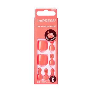 KISS imPRESS No Glue Pedi Press-On Nails, Toenails, ‘Shell Yeah’, Medium Orange, Short Size, Squoval Shape, Includes 24 Nails, Prep Pad, Instructions Sheet, 1 Manicure Stick, 1 Mini File