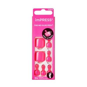 KISS imPRESS No Glue Pedi Press-On Nails, Toenails, ‘Time After Time’, Medium Pink, Short Size, Squoval Shape, Includes 24 Nails, Prep Pad, Instructions Sheet, 1 Manicure Stick, 1 Mini File