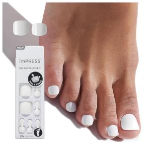 KISS imPRESS Pedicure Press On Toenails, ‘Angel Vibes’, White, Short Squoval, Pedicure Nail Kit Includes 24 Press On Toenails, Prep Pad, Mini Nail File, & Pedicure Stick(Short)