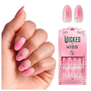 WICKED X KISS Press On Nails Almond, ‘Shiz Chemistry Club’, Blue, Medium, Waterproof, Chip Proof, Smudge Proof, 28 Fake Nails, Pink Gel Nail Glue (2g), Mini Nail File, & Manicure Stick(You’ve Been Glinda-fied)