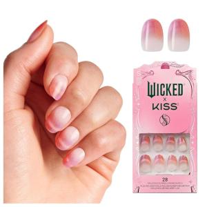 WICKED X KISS Press On Nails Almond, ‘Shiz Chemistry Club’, Blue, Medium, Waterproof, Chip Proof, Smudge Proof, 28 Fake Nails, Pink Gel Nail Glue (2g), Mini Nail File, & Manicure Stick(Pink Perfection)