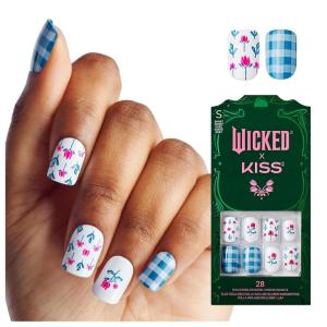 WICKED X KISS Press On Nails, ‘Bloom in Land’, Pink, Medium Oval, Waterproof, Chip Proof, Smudge Proof, 28 Fake Nails, Pink Gel Nail Glue (2g), Mini Nail File, & Manicure Stick(Marvelous Munchkinland)
