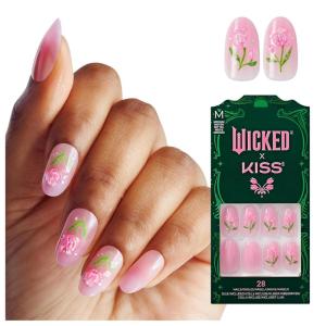 WICKED X KISS Press On Nails, ‘Bloom in Land’, Pink, Medium Oval, Waterproof, Chip Proof, Smudge Proof, 28 Fake Nails, Pink Gel Nail Glue (2g), Mini Nail File, & Manicure Stick(Bloom in Land)