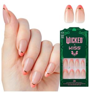 WICKED X KISS Press On Nails, ‘Bloom in Land’, Pink, Medium Oval, Waterproof, Chip Proof, Smudge Proof, 28 Fake Nails, Pink Gel Nail Glue (2g), Mini Nail File, & Manicure Stick(Glamorous Gal)