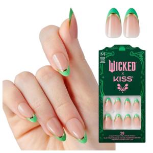 WICKED X KISS Press On Nails, ‘Bloom in Land’, Pink, Medium Oval, Waterproof, Chip Proof, Smudge Proof, 28 Fake Nails, Pink Gel Nail Glue (2g), Mini Nail File, & Manicure Stick(Thrillifying!)