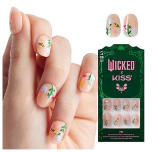 WICKED X KISS Press On Nails, ‘Bloom in Land’, Pink, Medium Oval, Waterproof, Chip Proof, Smudge Proof, 28 Fake Nails, Pink Gel Nail Glue (2g), Mini Nail File, & Manicure Stick(There’s Joy)