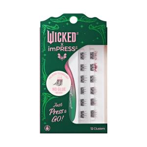 WICKED X imPRESS Press On Self Adhesive Eyelashes, ‘Wickedly Beautiful’, 12 Lash Clusters, 8mm-10mm, Natural Volume, Green Glitter, Pink & Green Mini Applicator(1 count (Pack of 12))