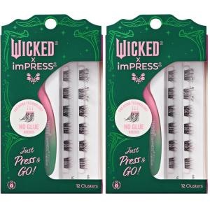 WICKED X imPRESS Press On Self Adhesive Eyelashes, ‘Wickedly Beautiful’, 12 Lash Clusters, 8mm-10mm, Natural Volume, Green Glitter, Pink & Green Mini Applicator(8mm-10mm (Pack of 2))