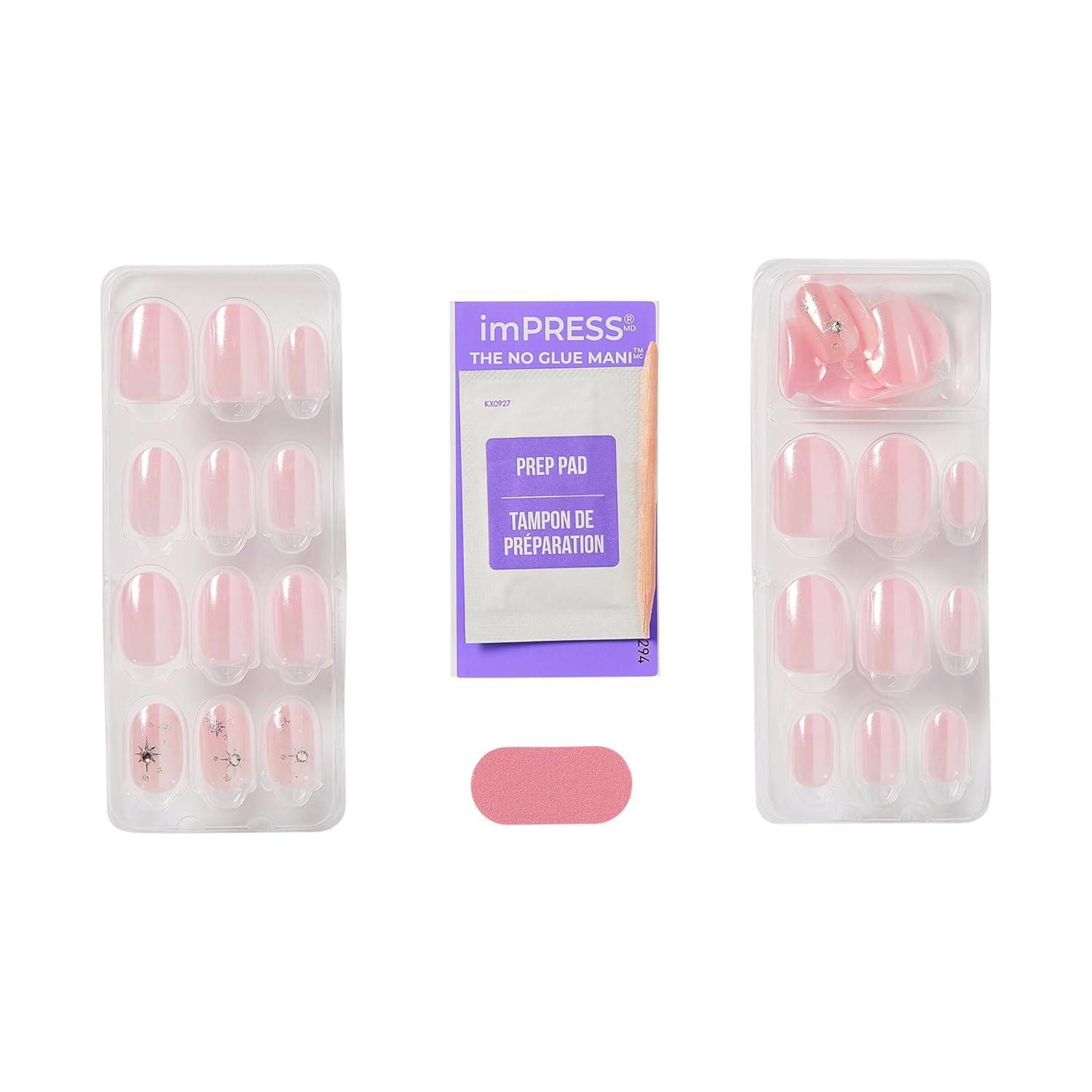 imageWICKED X imPRESS Press On Nails Floating Over OZ Pink Short Oval New Improved Adhesive Up To 10 Day Hold Includes 30 Fake Nails 1 Prep Pad 1 Manicure Stick 1 Mini FileFloating Over OZ