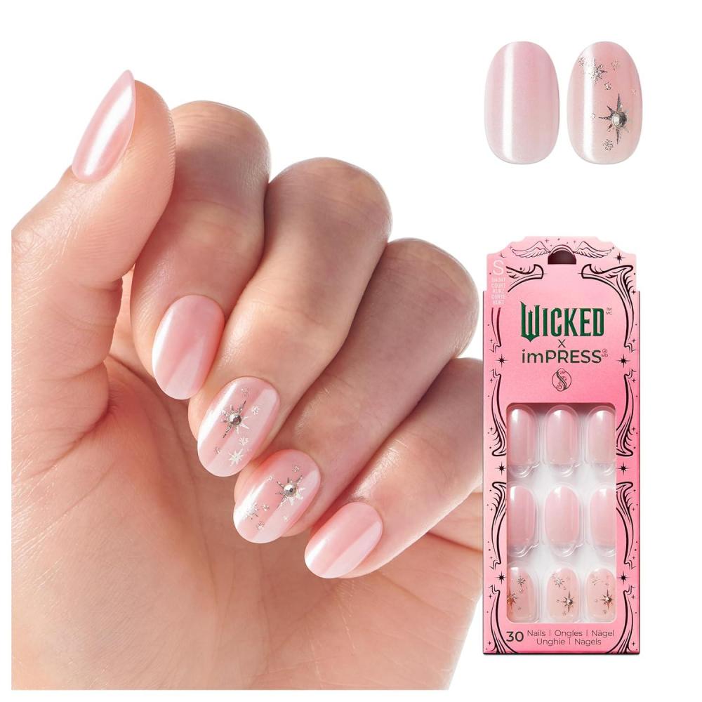 imageWICKED X imPRESS Press On Nails Floating Over OZ Pink Short Oval New Improved Adhesive Up To 10 Day Hold Includes 30 Fake Nails 1 Prep Pad 1 Manicure Stick 1 Mini FileFloating Over OZ
