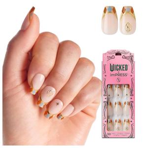 WICKED X imPRESS Press On Nails, ‘Floating Over OZ’, Pink, Short Oval, New Improved Adhesive, Up To 10 Day Hold, Includes 30 Fake Nails, 1 Prep Pad, 1 Manicure Stick, 1 Mini File(Jolly Old Shiz)