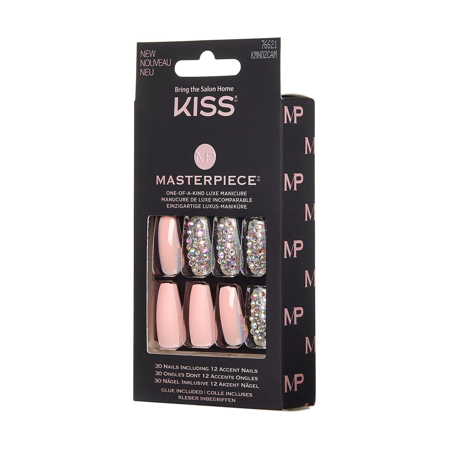 imageKISS Masterpiece OneOfAKind Luxe Manicure Premium Acrylic Fake Nails with Pink Gel Nail Glue Manicure Stick Mini Nail File ampamp 30 Glue On Nails Including 12 Accent NailsPink with diamonds