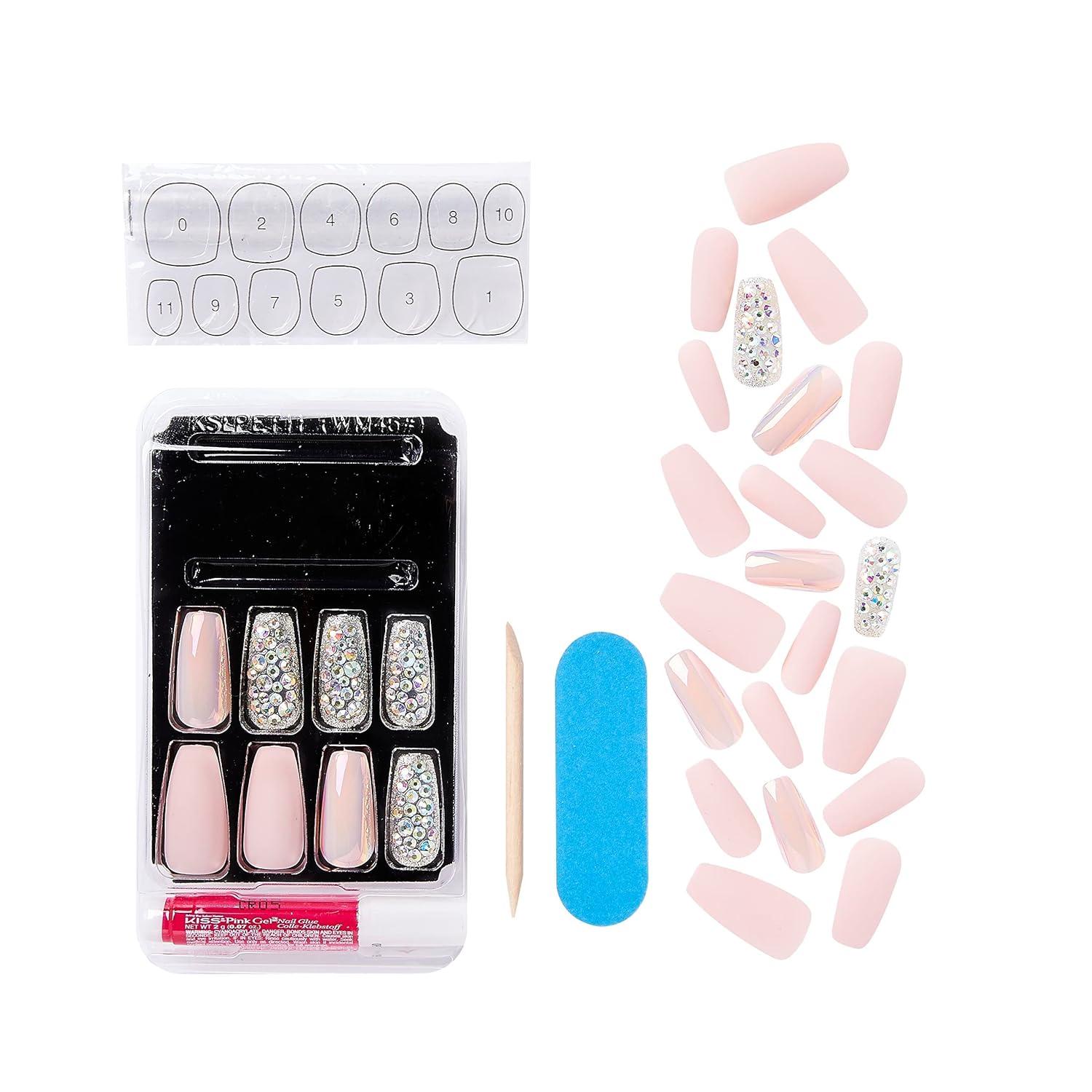 imageKISS Masterpiece OneOfAKind Luxe Manicure Premium Acrylic Fake Nails with Pink Gel Nail Glue Manicure Stick Mini Nail File ampamp 30 Glue On Nails Including 12 Accent NailsPink with diamonds
