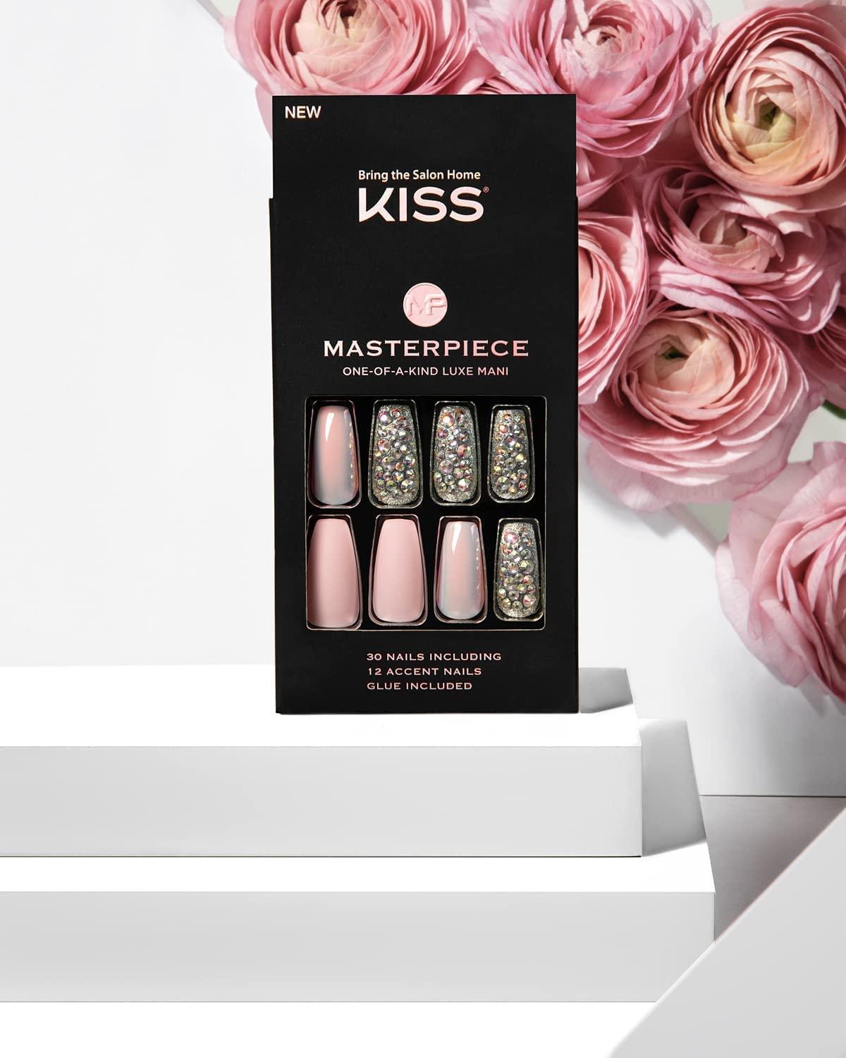 imageKISS Masterpiece OneOfAKind Luxe Manicure Premium Acrylic Fake Nails with Pink Gel Nail Glue Manicure Stick Mini Nail File ampamp 30 Glue On Nails Including 12 Accent NailsPink with diamonds