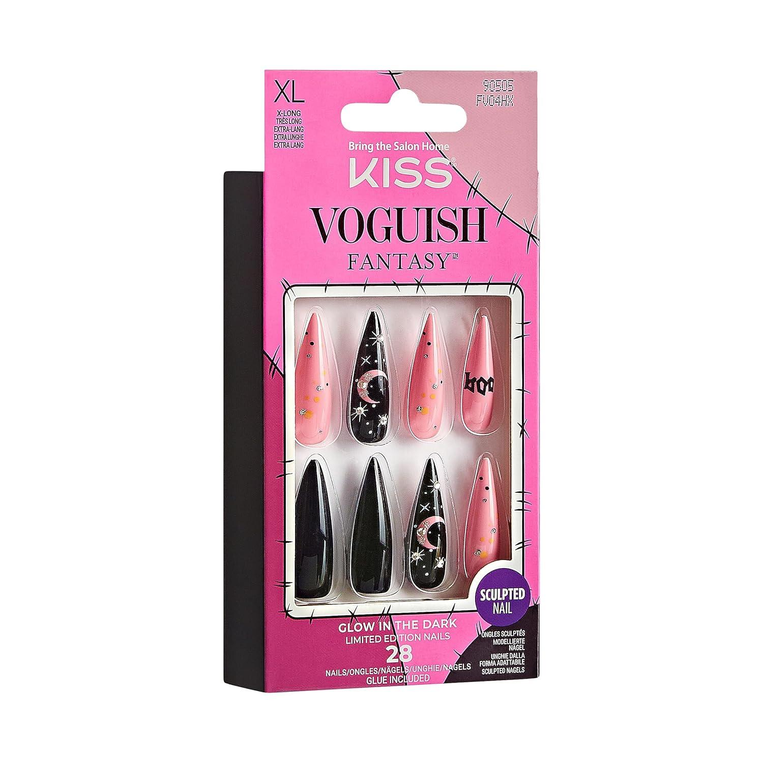 imageKISS Voguish Fantasy Halloween Nails Black ampamp Pink XLong Length Stiletto Shape Pink Gel Nail Glue 2g Mini Nail File Manicure Stick ampamp 28 Fake NailsFright Night