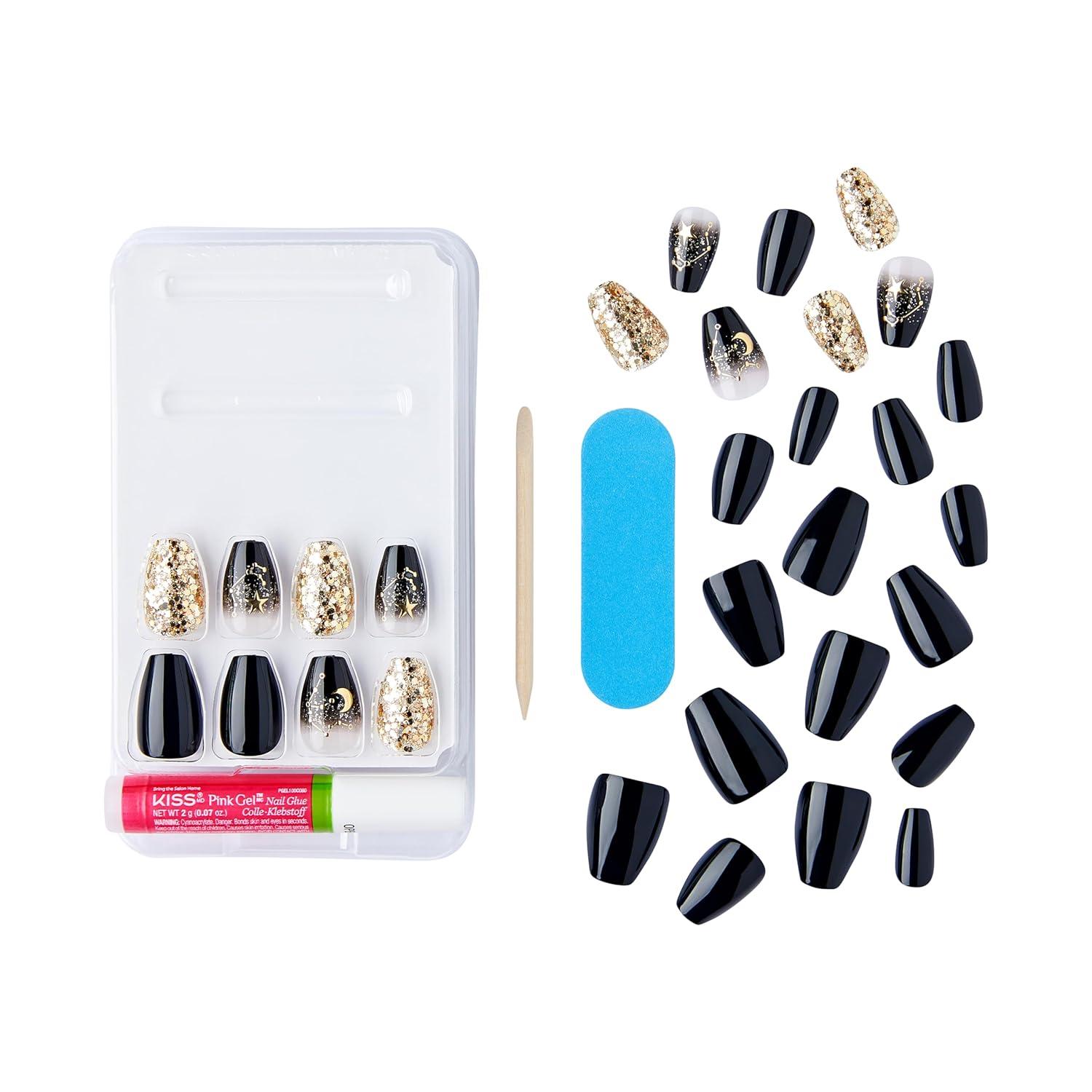 imageKISS Voguish Fantasy Press On Nails Nail glue included Hush Rush Black Short Size Coffin Shape Includes 28 Nails 2g Glue 1 Manicure Stick 1 Mini fileHush Rush