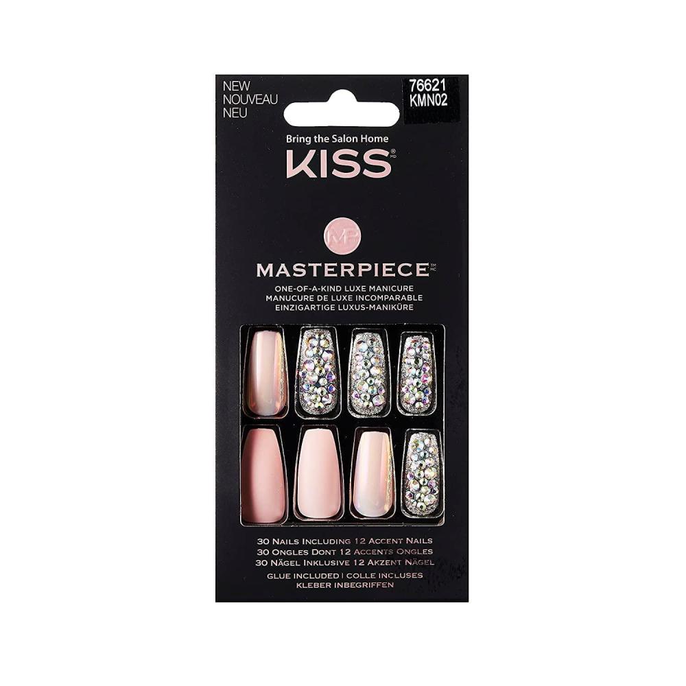imageKISS Masterpiece OneOfAKind Luxe Manicure Premium Acrylic Fake Nails with Pink Gel Nail Glue Manicure Stick Mini Nail File ampamp 30 Glue On Nails Including 12 Accent NailsPink with diamonds