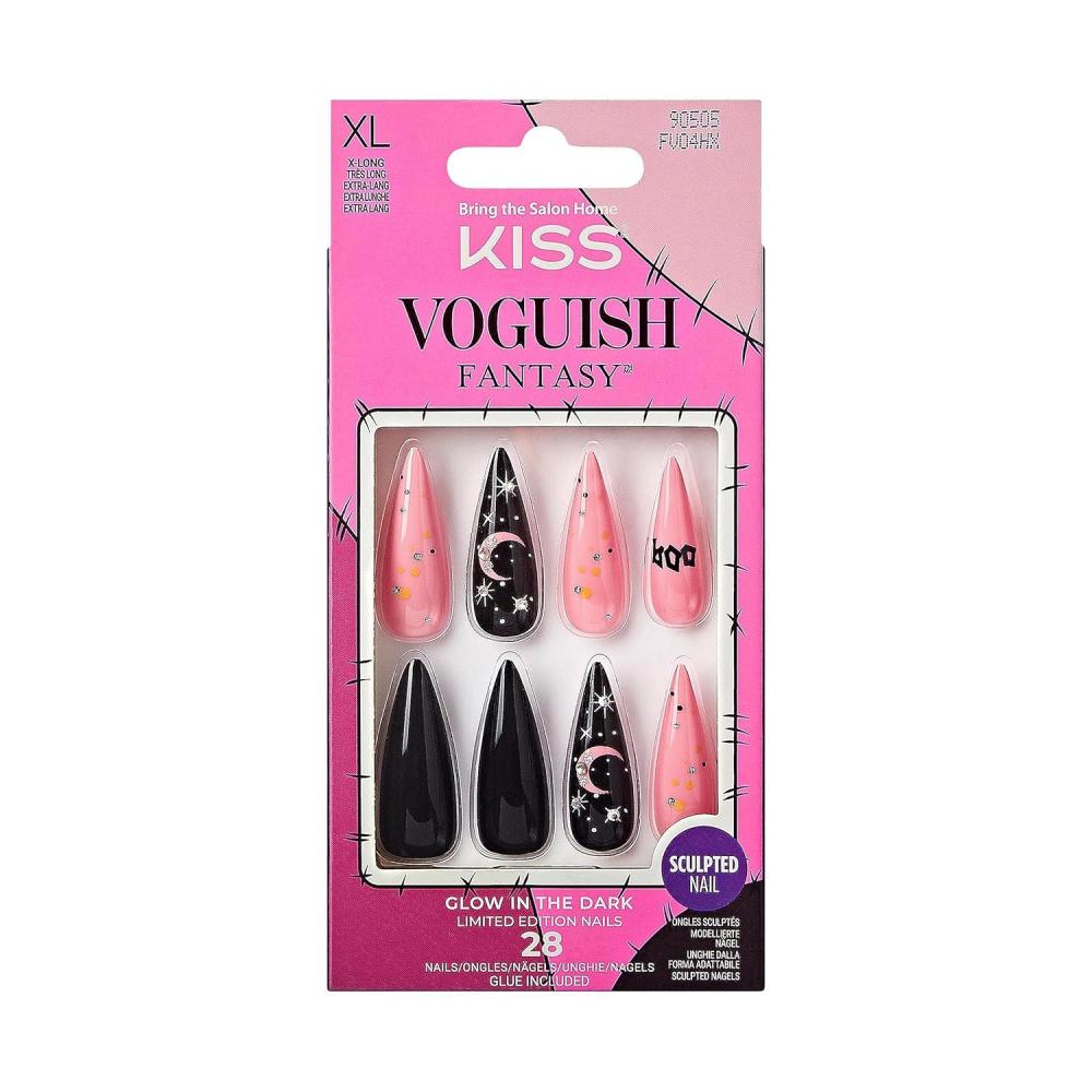 imageKISS Voguish Fantasy Halloween Nails Black ampamp Pink XLong Length Stiletto Shape Pink Gel Nail Glue 2g Mini Nail File Manicure Stick ampamp 28 Fake NailsFright Night