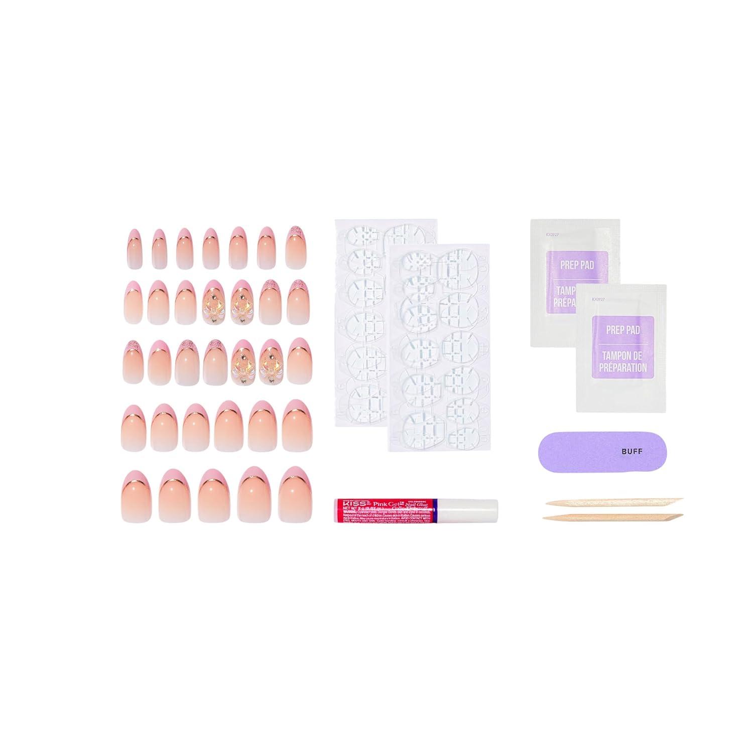 imageKISS ICON Press On Nails Nail glue included Vibrant Pink Medium Size Almond Shape Includes 32 Nails 2g Glue 2 Manicure Stick 1 Mini File 2 Prep Pads 48 Adhesive tabs