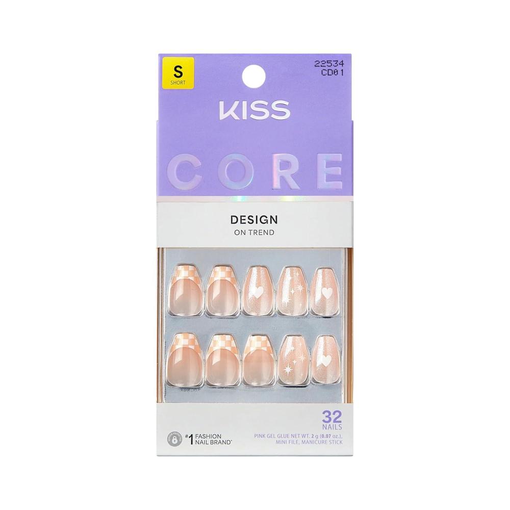 imageKISS CORE Press On Nails Nail glue included Cheers Pink Short Size Coffin Shape Includes 32 Nails 2g Glue 1 Manicure Stick 1 Mini File