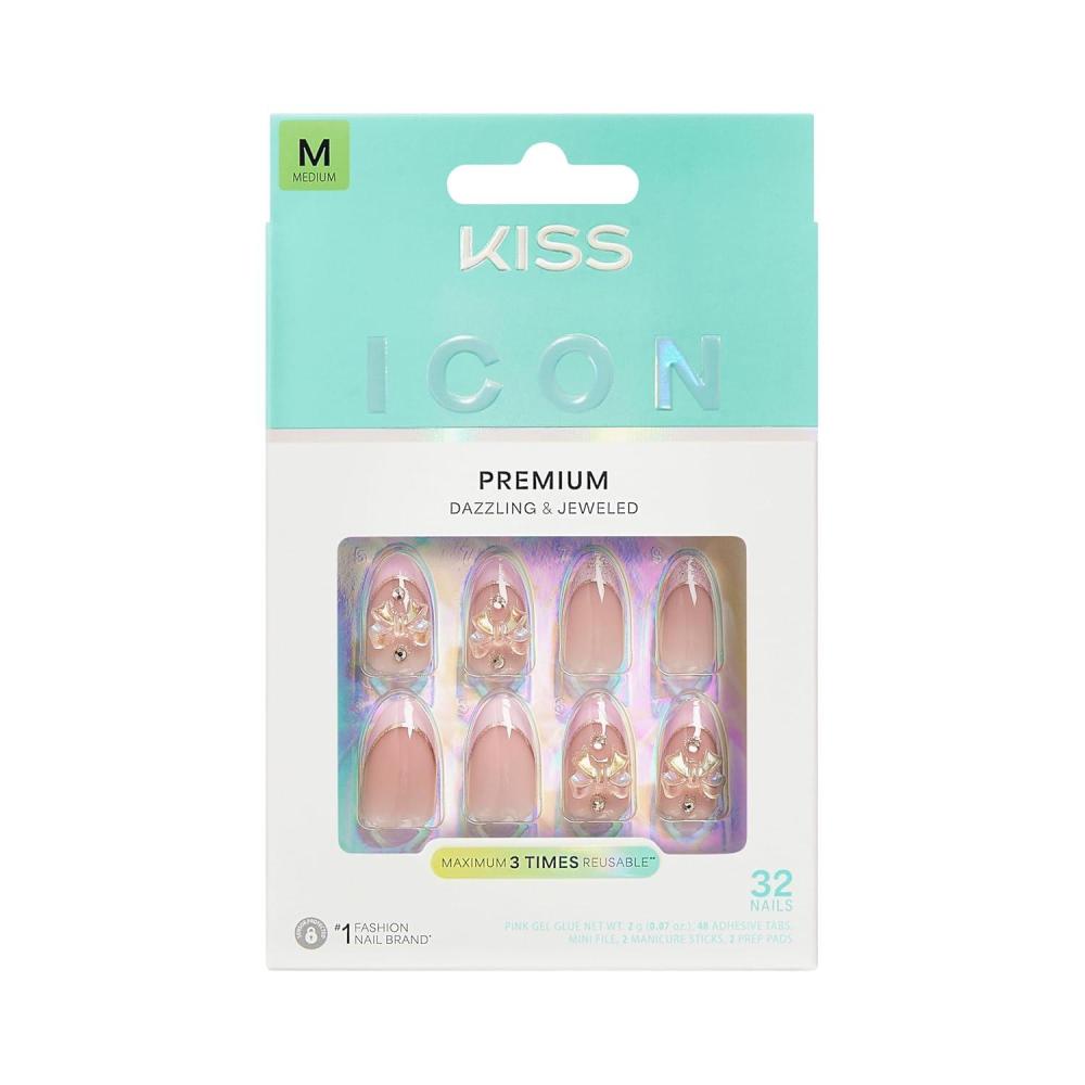imageKISS ICON Press On Nails Nail glue included Vibrant Pink Medium Size Almond Shape Includes 32 Nails 2g Glue 2 Manicure Stick 1 Mini File 2 Prep Pads 48 Adhesive tabs