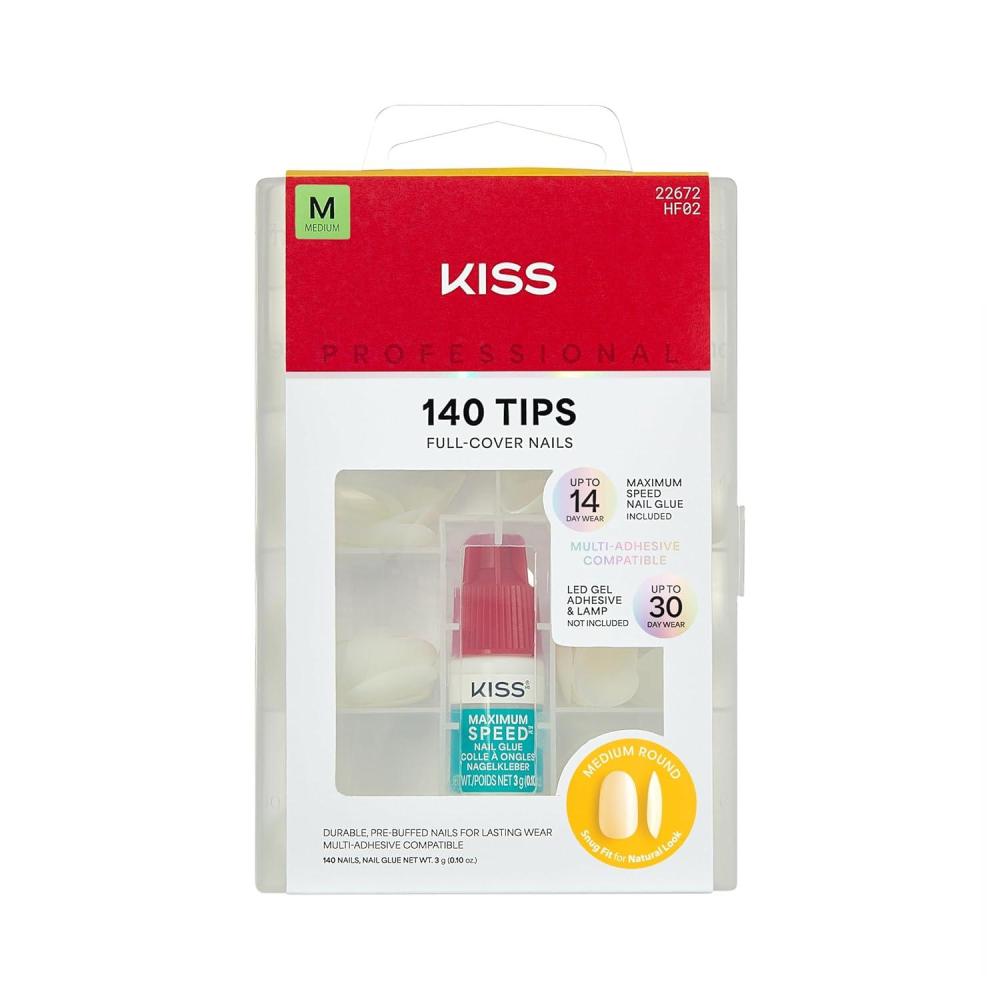 imageKISS PROFESSIONAL Press On Nails Nail glue included Earthly White Medium Size Round Shape Includes 140 Nails 3g Glue