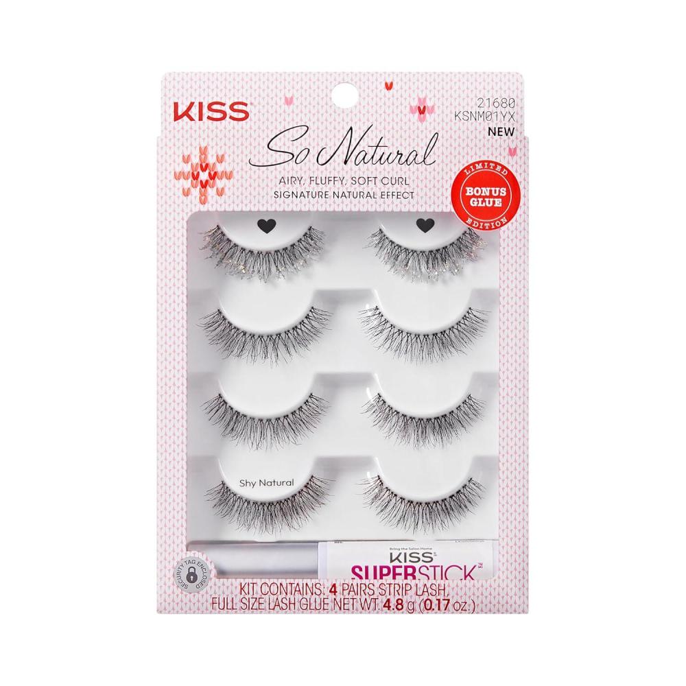 imageKISS So Natural Holiday False Eyelashes Shy Natural 8mm10mm Natural Volume Tapered Ends 3 Pairs 1 Pair with Glitter KISS Super Stick Strip Lash Adhesive Clear Net Wt 48g 017 ozShy Natural