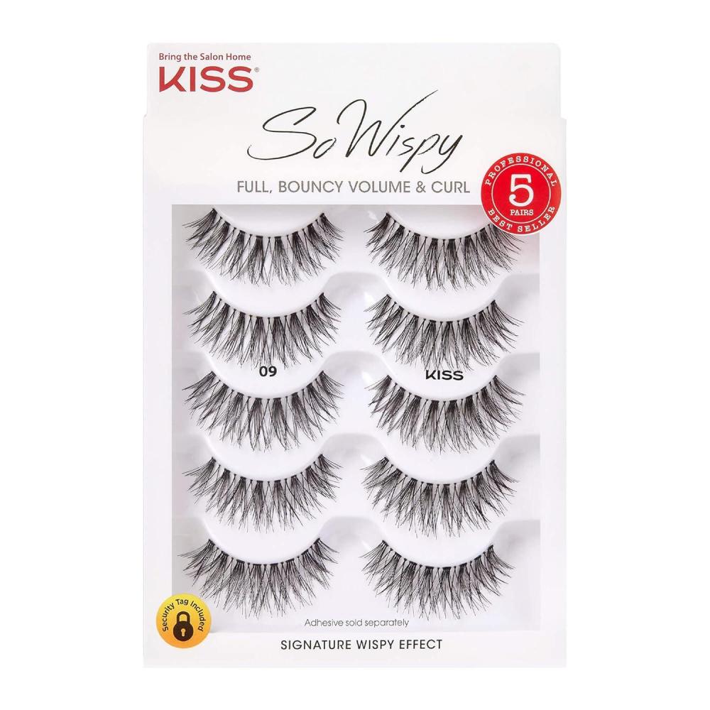 imageKISS So Wispy Fake Eyelashes Multipack 09 EasyToApply Lightweight False Eyelashes 100 CrueltyFree Natural Human Hair Reusable and Contact Lens Friendly 5 Pairs Black