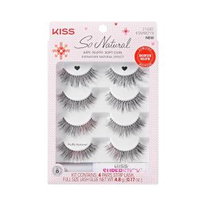KISS So Natural Holiday False Eyelashes, ‘Shy Natural’, 8mm-10mm, Natural Volume, Tapered Ends, 3 Pairs + 1 Pair with Glitter, KISS Super Stick Strip Lash Adhesive, Clear, Net Wt. 4.8g (0.17 oz.)(Fluffy Natural)