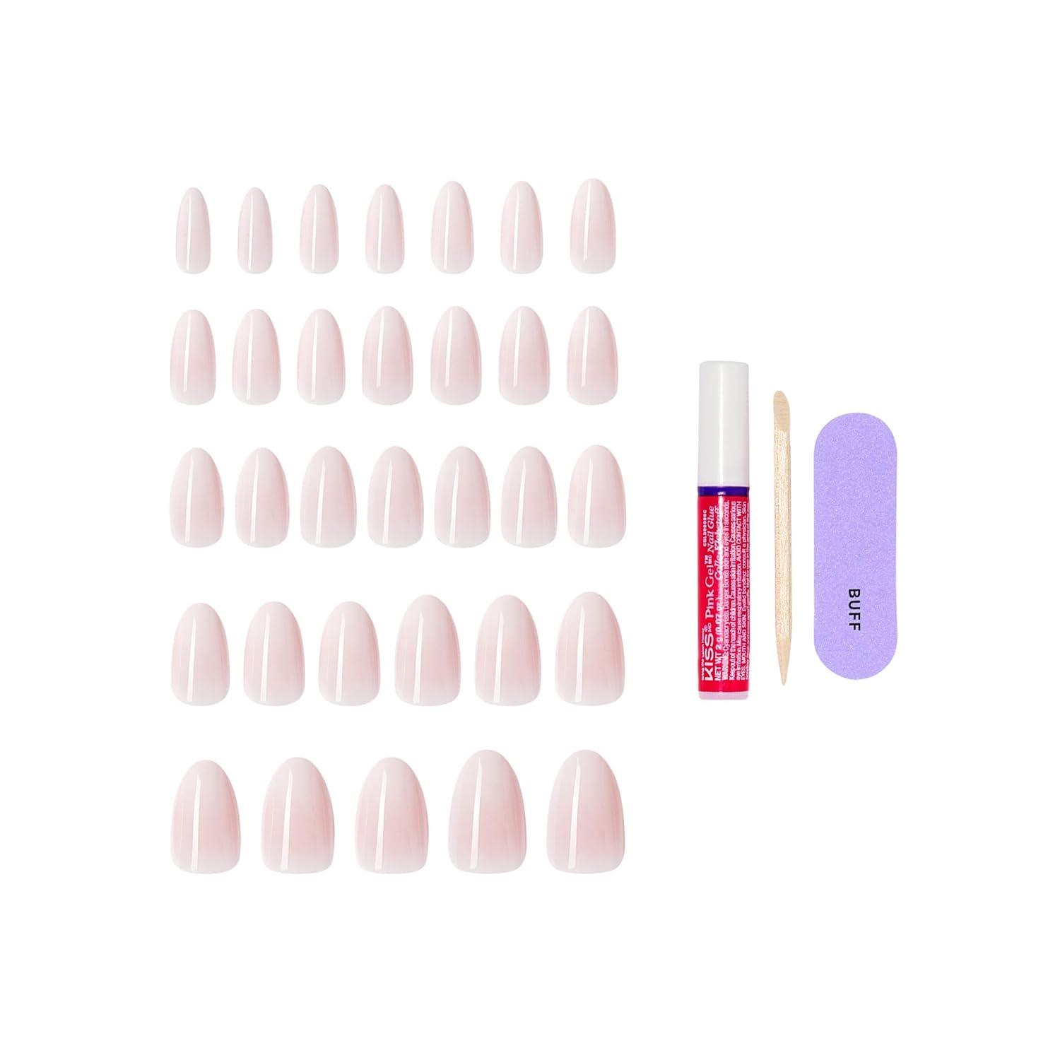 imageKISS CORE Press On Nails Nail glue included Dulcet Pink Medium Size Almond Shape Includes 32 Nails 2g Glue 1 Manicure Stick 1 Mini File