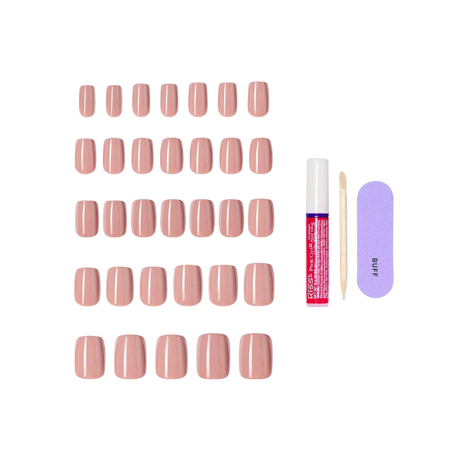 imageKISS CORE Press On Nails Nail glue included Embullience Beige Short Size Squoval Shape Includes 32 Nails 2g Glue 1 Manicure Stick 1 Mini File