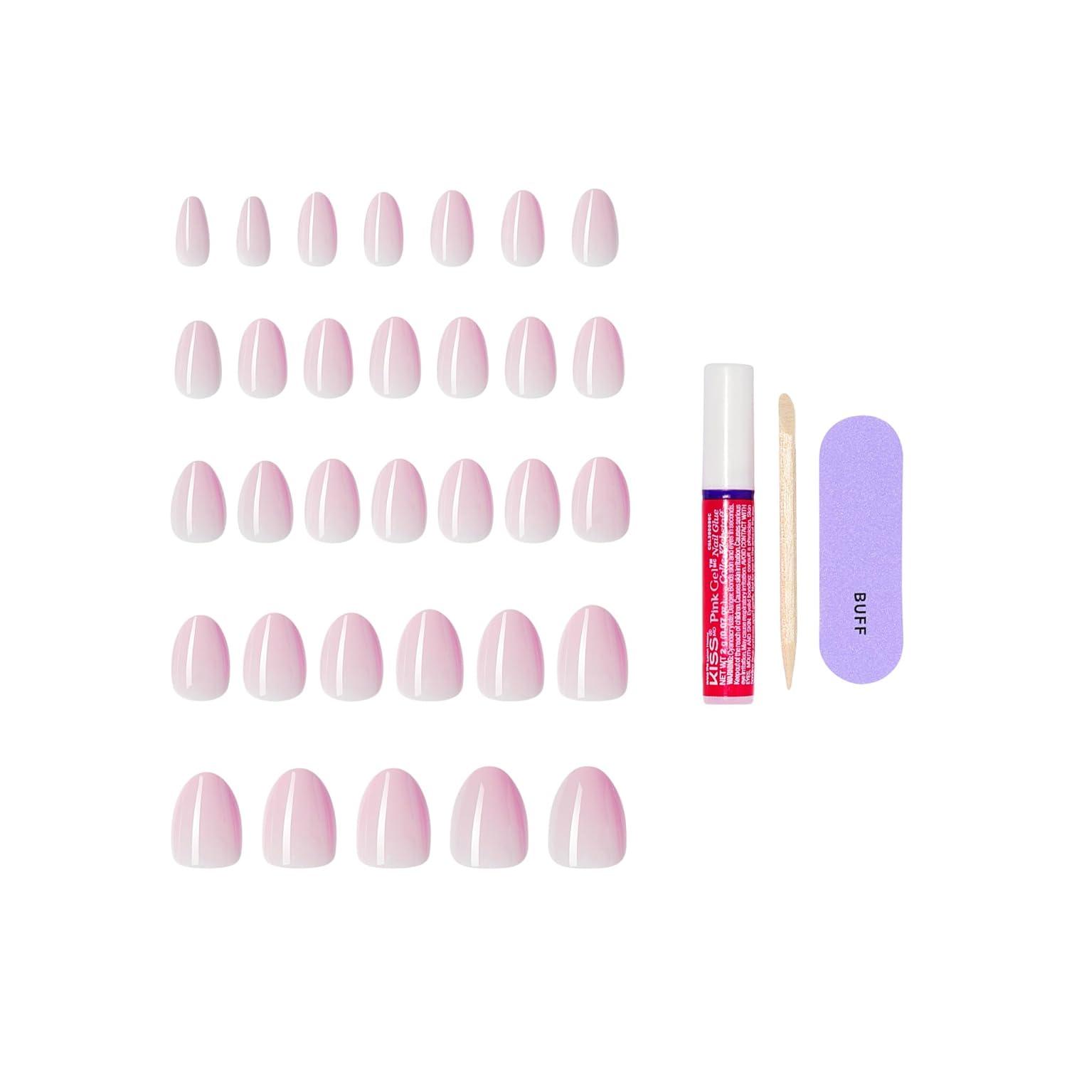 imageKISS CORE Press On Nails Nail glue included Euphonious Pink Short Size Almond Shape Includes 32 Nails 2g Glue 1 Manicure Stick 1 Mini File