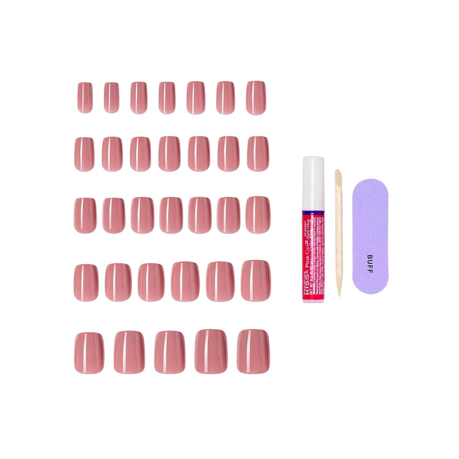 imageKISS CORE Press On Nails Nail glue included Felicity Pink Short Size Squoval Shape Includes 32 Nails 2g Glue 1 Manicure Stick 1 Mini File