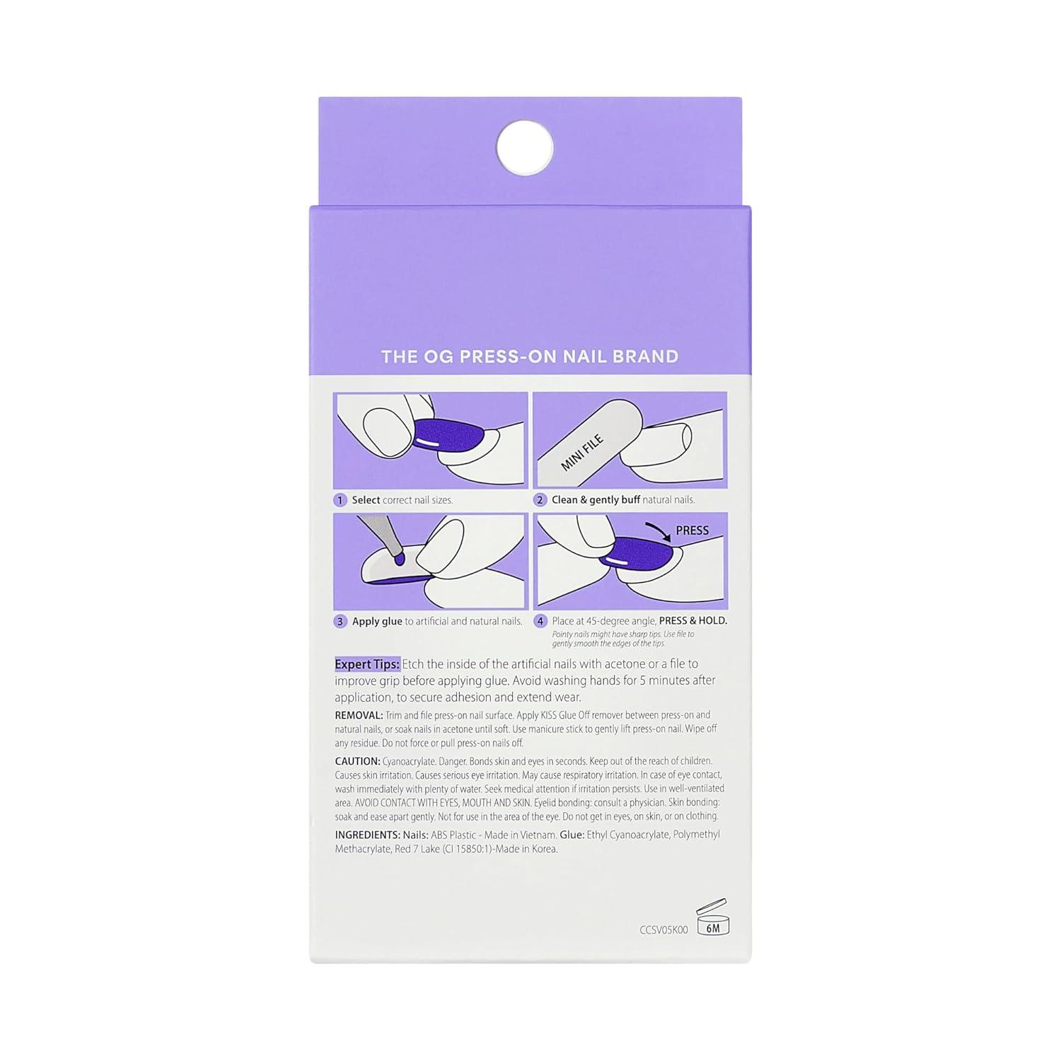 imageKISS CORE Press On Nails Nail glue included Flee Blue Short Size Almond Shape Includes 32 Nails 2g Glue 1 Manicure Stick 1 Mini File