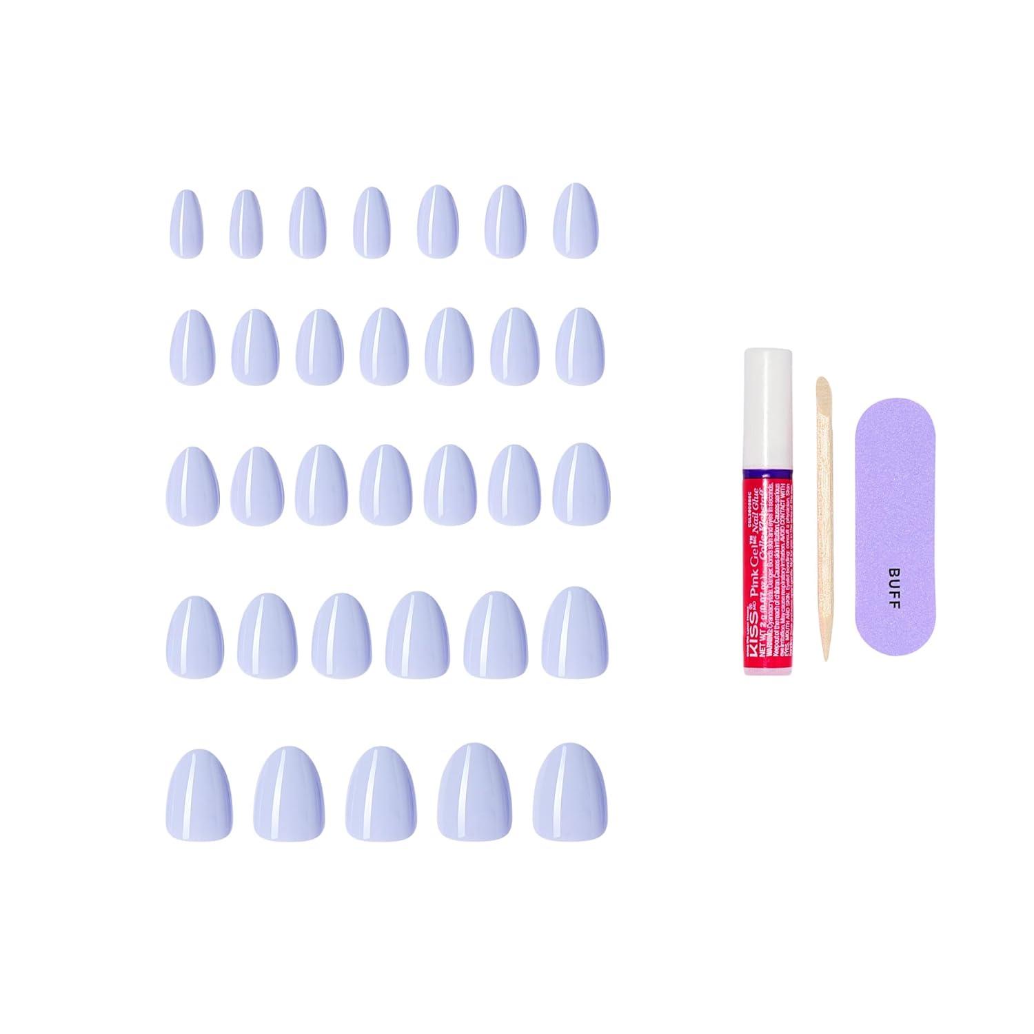 imageKISS CORE Press On Nails Nail glue included Flee Blue Short Size Almond Shape Includes 32 Nails 2g Glue 1 Manicure Stick 1 Mini File