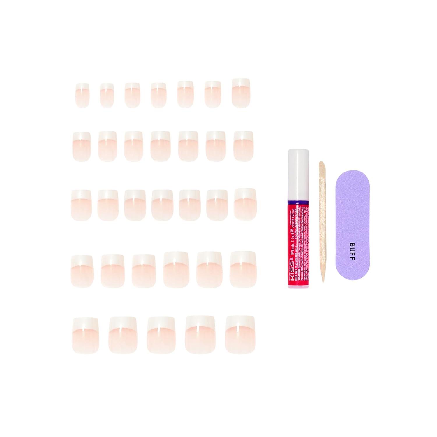 imageKISS CORE Press On Nails Nail glue included I Wish White Real Short Size Square Shape Includes 32 Nails 2g Glue 1 Manicure Stick 1 Mini File