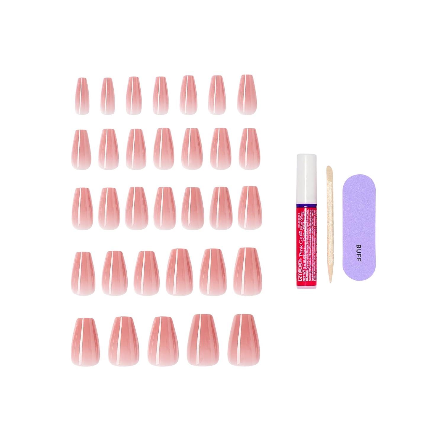 imageKISS CORE Press On Nails Nail glue included Jubilation Pink Medium Size Coffin Shape Includes 32 Nails 2g Glue 1 Manicure Stick 1 Mini File