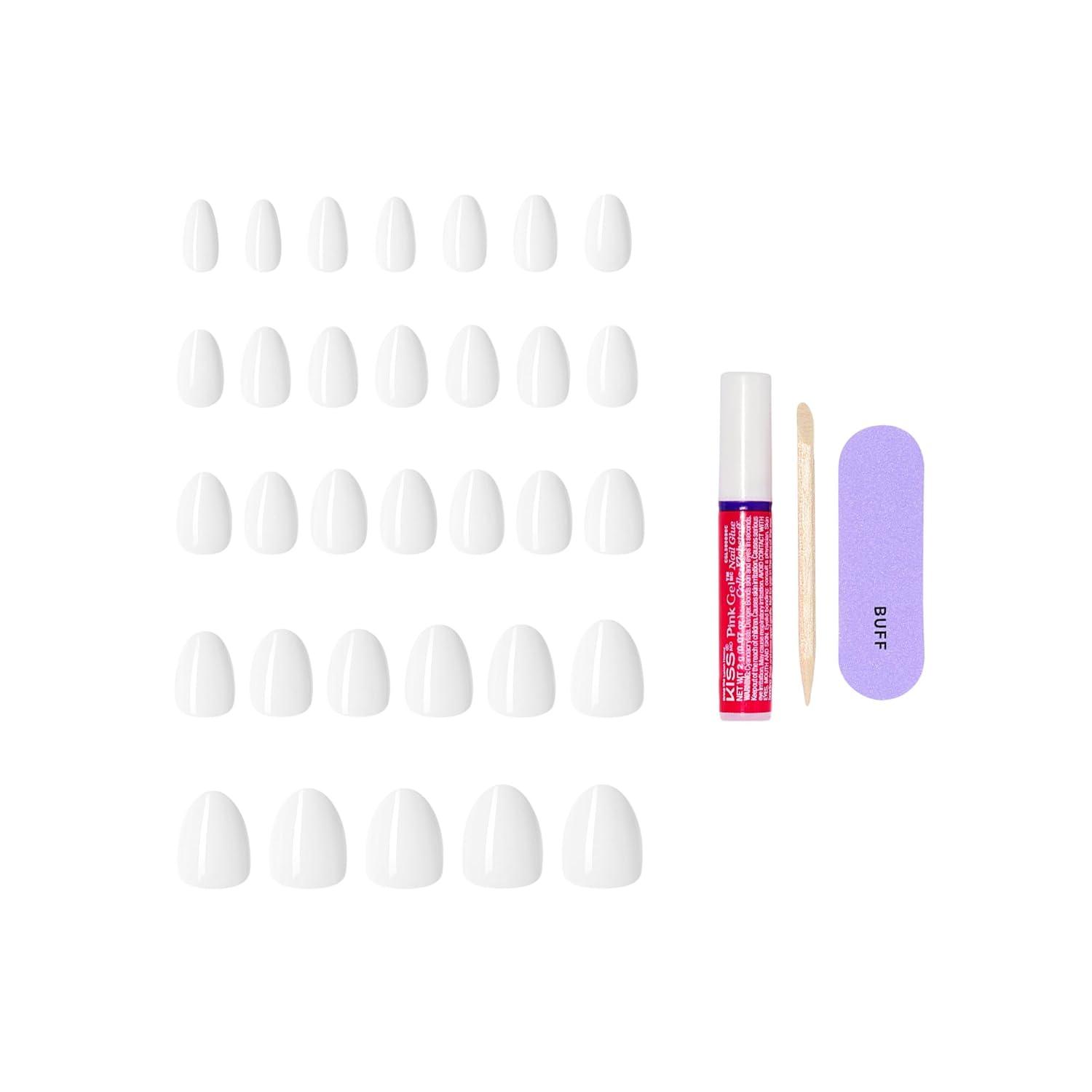 imageKISS CORE Press On Nails Nail glue included Lyrical White Short Size Almond Shape Includes 32 Nails 2g Glue 1 Manicure Stick 1 Mini File