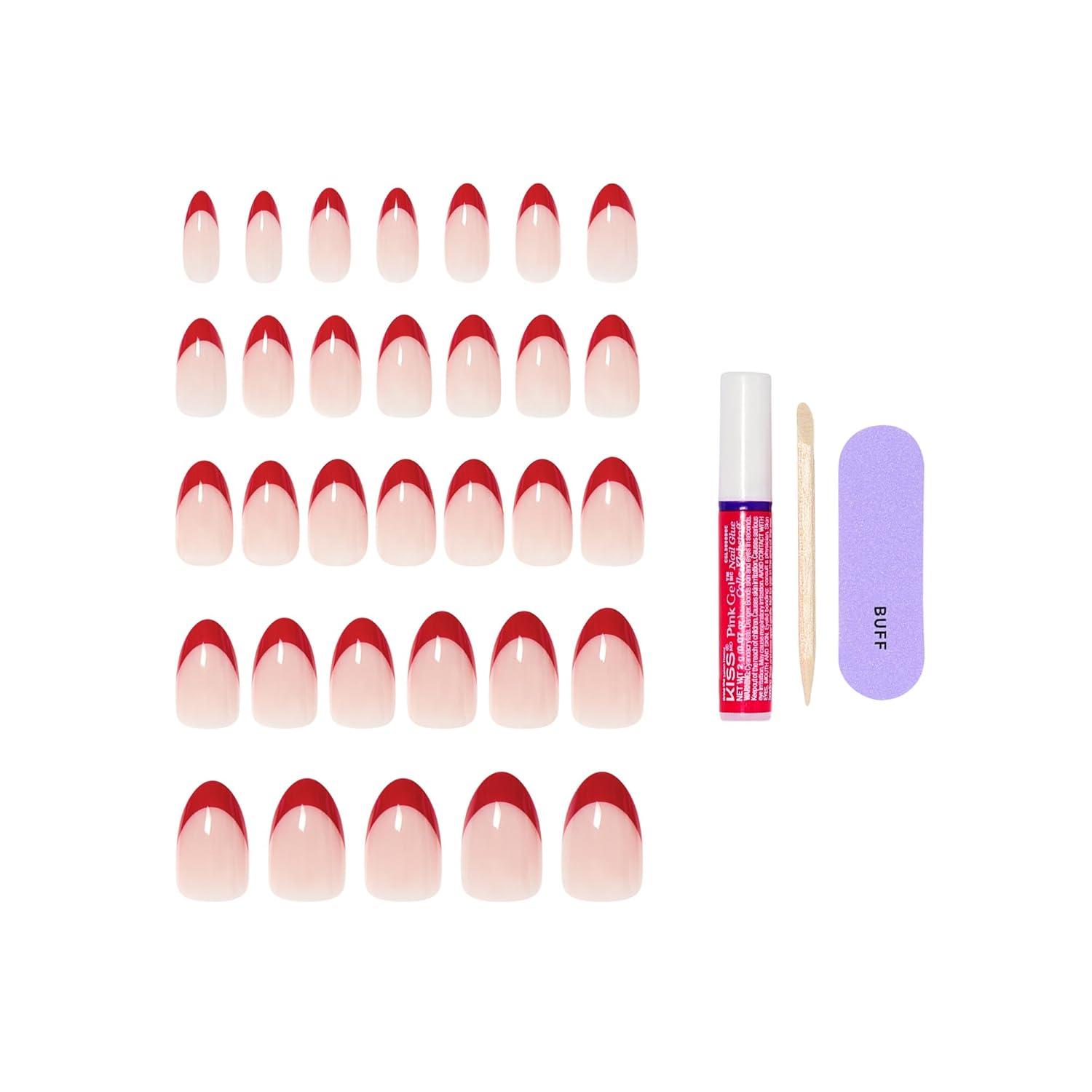 imageKISS CORE Press On Nails Nail glue included Optimistic Red Medium Size Almond Shape Includes 32 Nails 2g Glue 1 Manicure Stick 1 Mini File