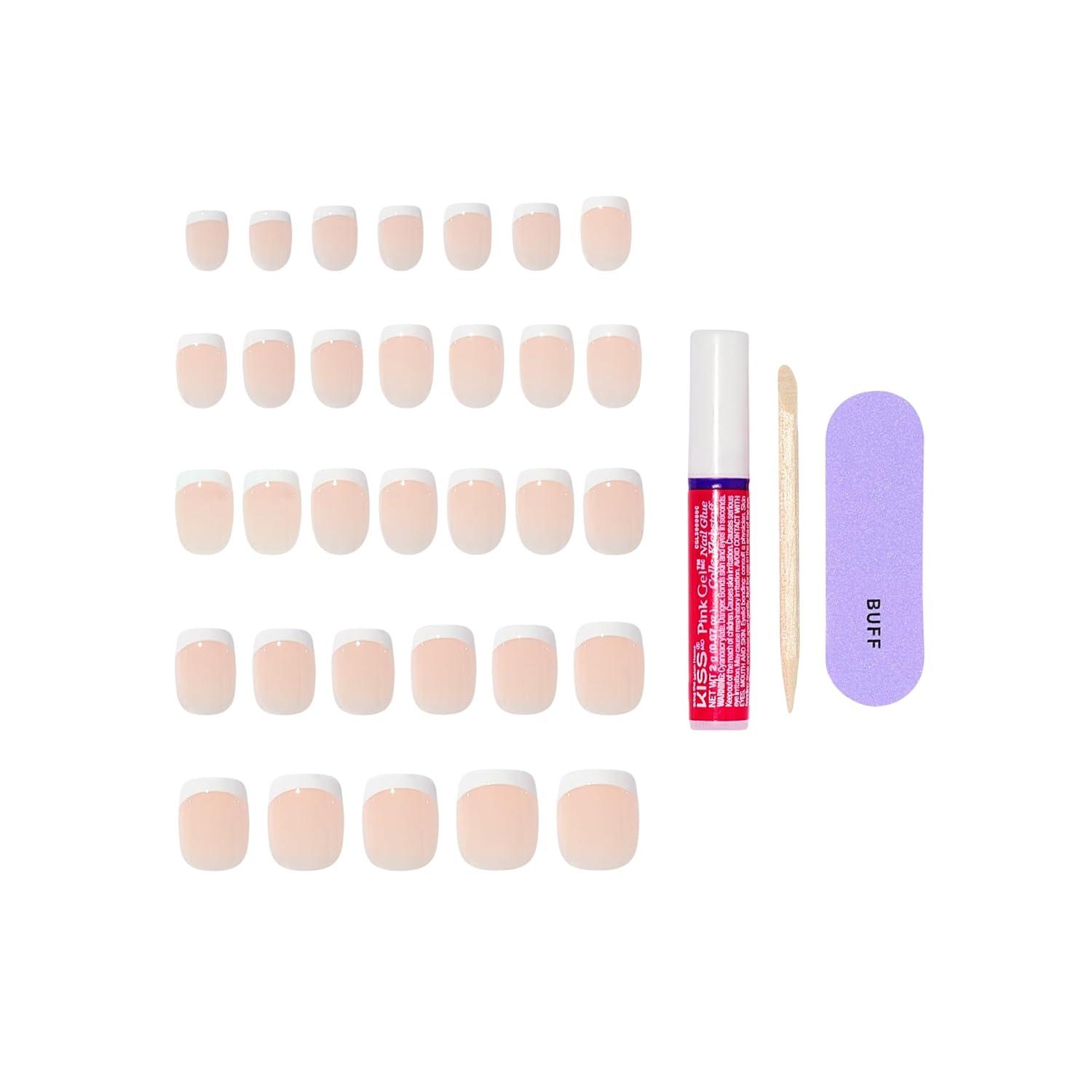 imageKISS CORE Press On Nails Nail glue included Perfection White Petite Size Squoval Shape Includes 32 Nails 2g Glue 1 Manicure Stick 1 Mini File