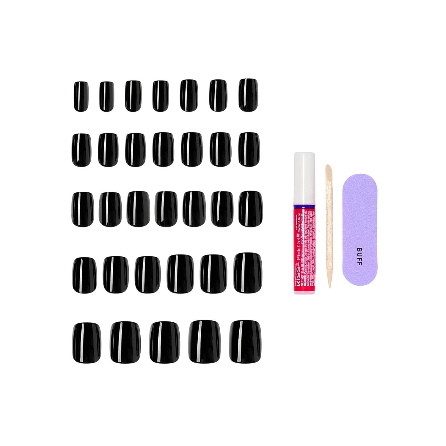 imageKISS CORE Press On Nails Nail glue included Photogenic Black Short Size Squoval Shape Includes 32 Nails 2g Glue 1 Manicure Stick 1 Mini File