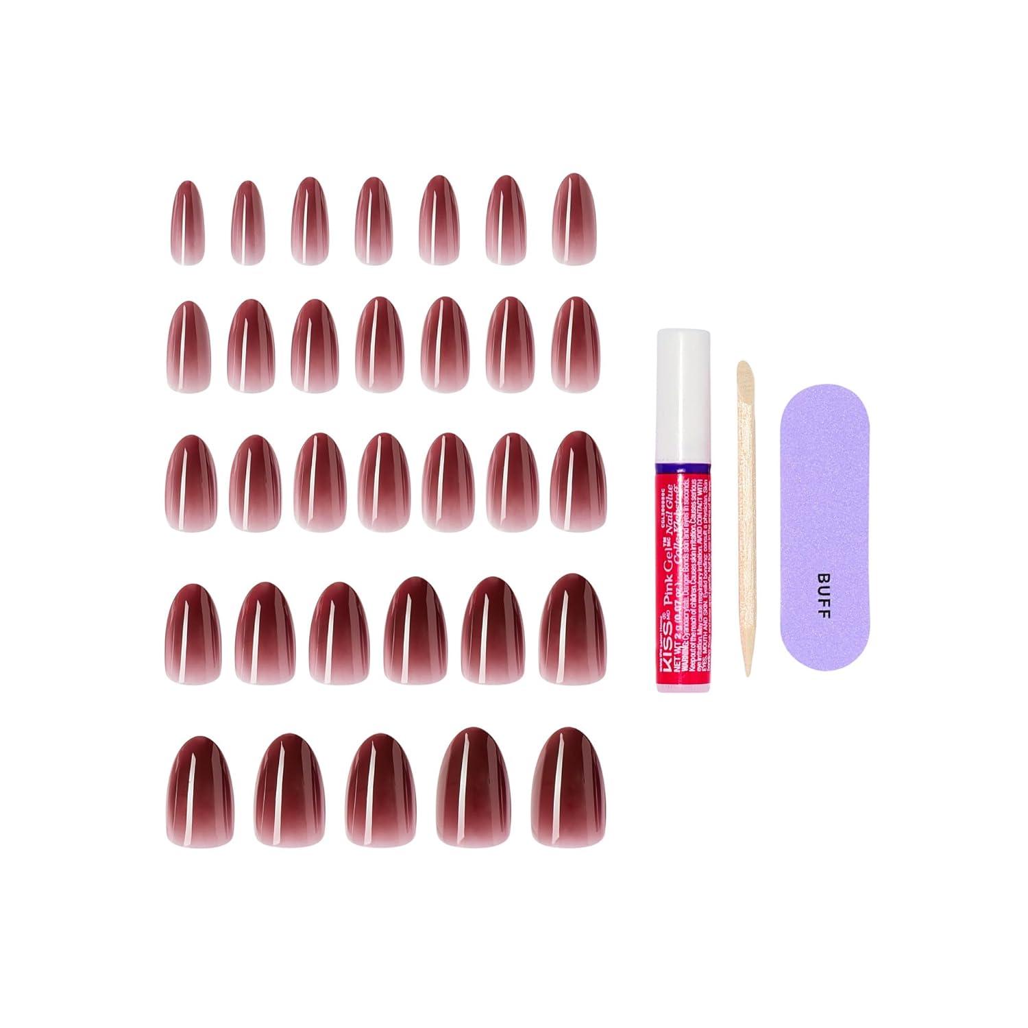 imageKISS CORE Press On Nails Nail glue included Pinot Noir Red Medium Size Almond Shape Includes 32 Nails 2g Glue 1 Manicure Stick 1 Mini File